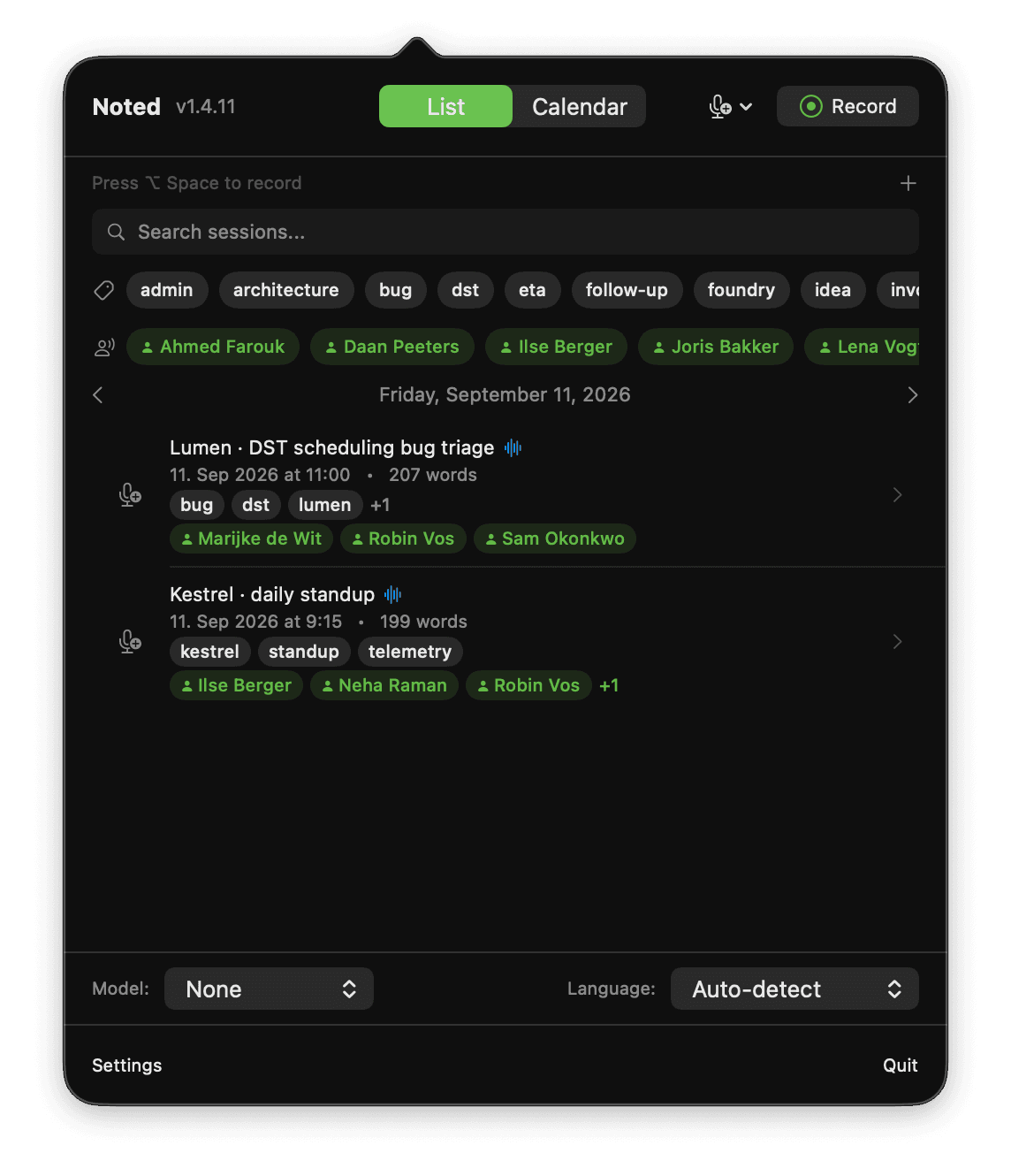Noted menu bar app showing a searchable list of recorded sessions with dates, word counts, tags, and speaker names.