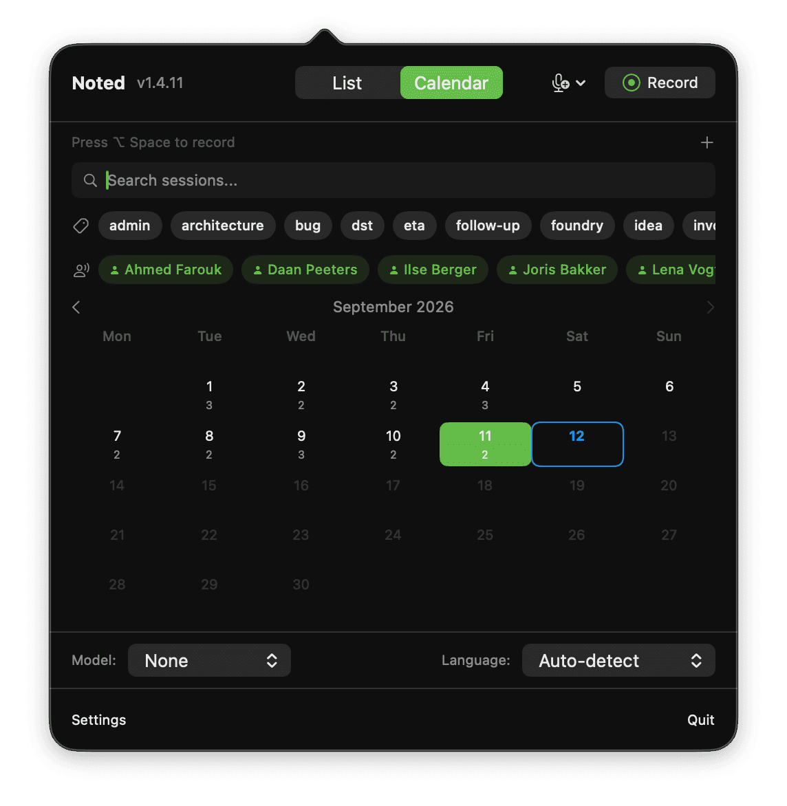 Noted menu bar app showing a September 2026 calendar with recording counts on active days.