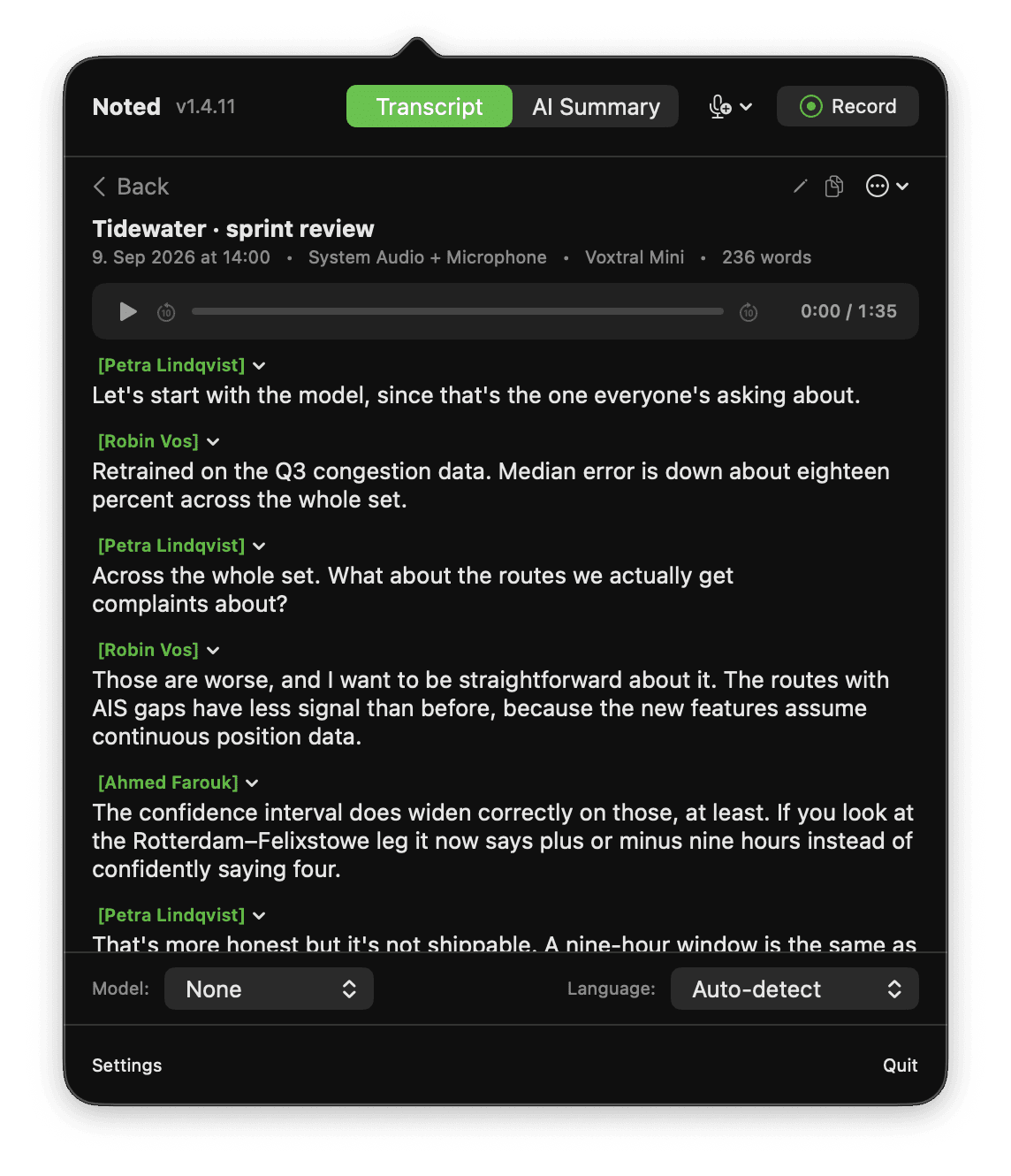 Noted transcript view showing a sprint review with named speaker segments and audio playback controls.