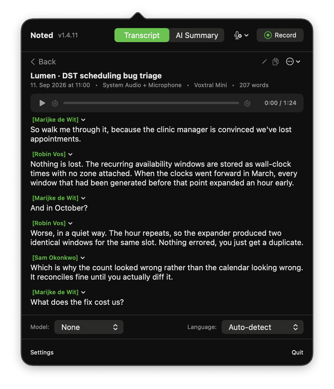 Noted transcript view showing a daylight-saving scheduling bug discussion with multiple identified speakers.