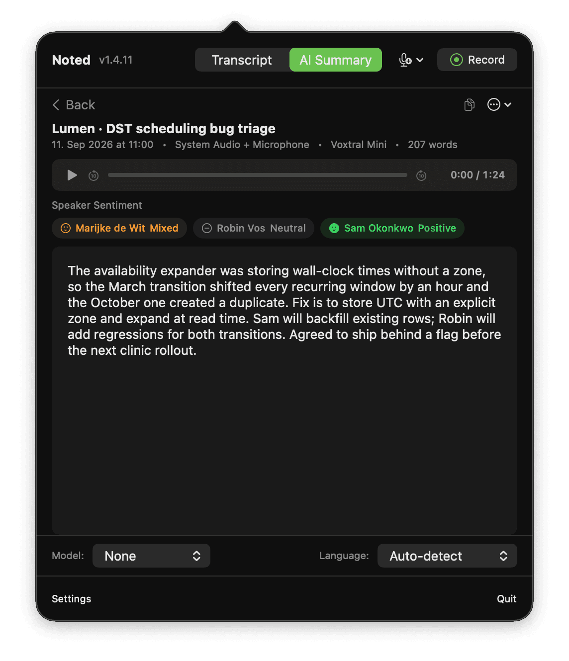 Noted AI Summary view showing speaker sentiment labels and a concise summary of a bug triage session.