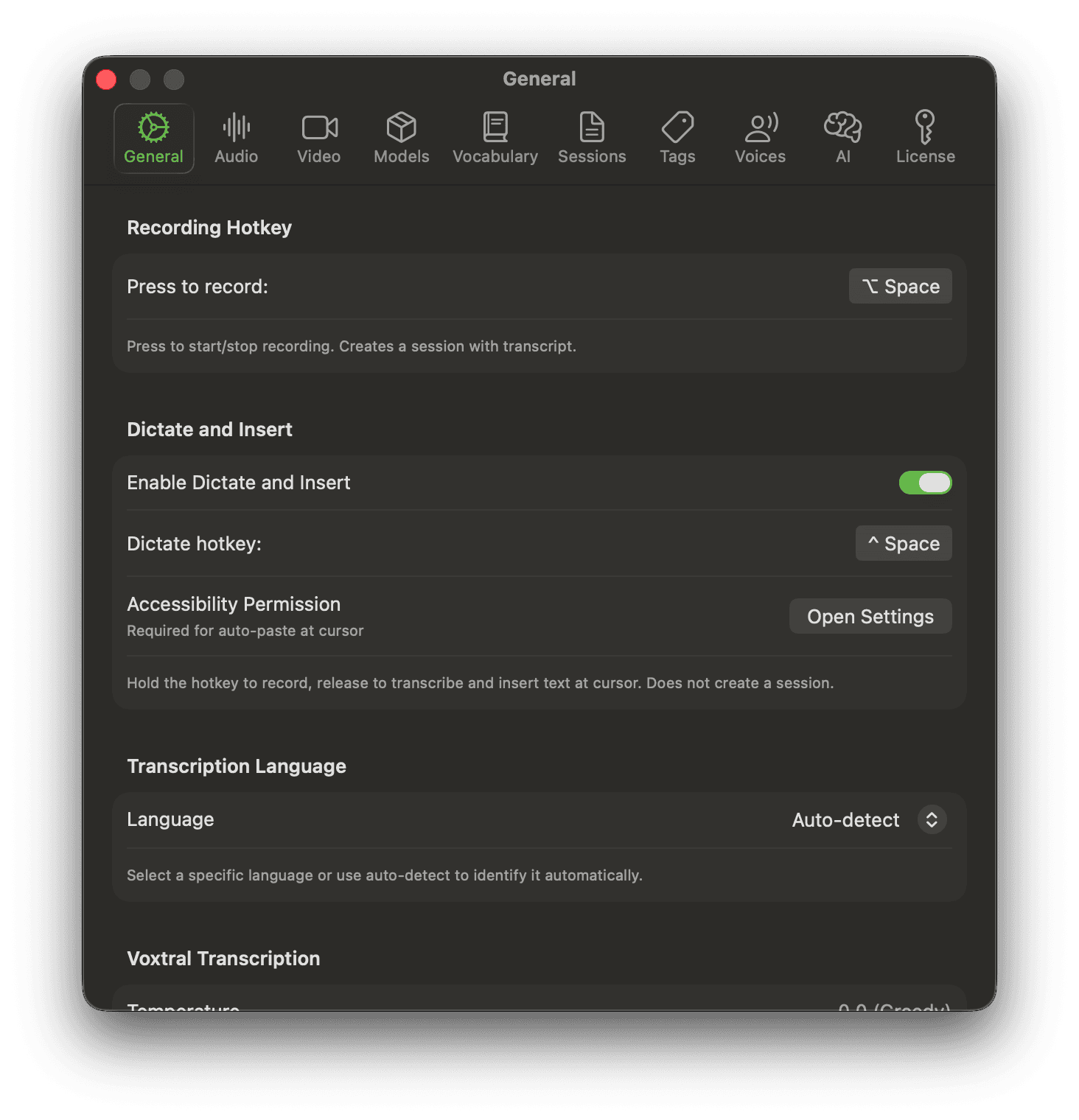 Noted General settings showing recording and dictate-and-insert keyboard shortcuts, accessibility permission, and language selection.