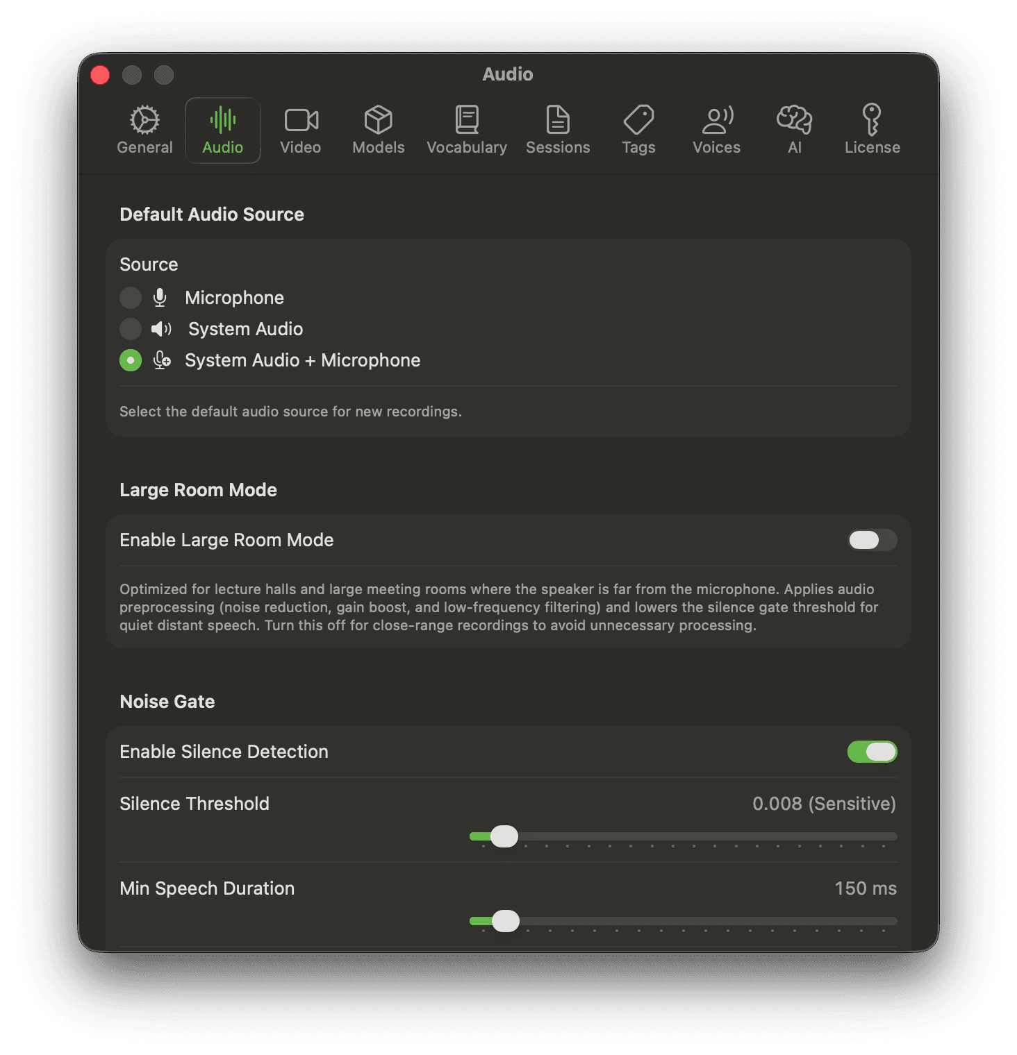 Noted Audio settings showing source selection, large room mode, silence detection, and noise gate sliders.