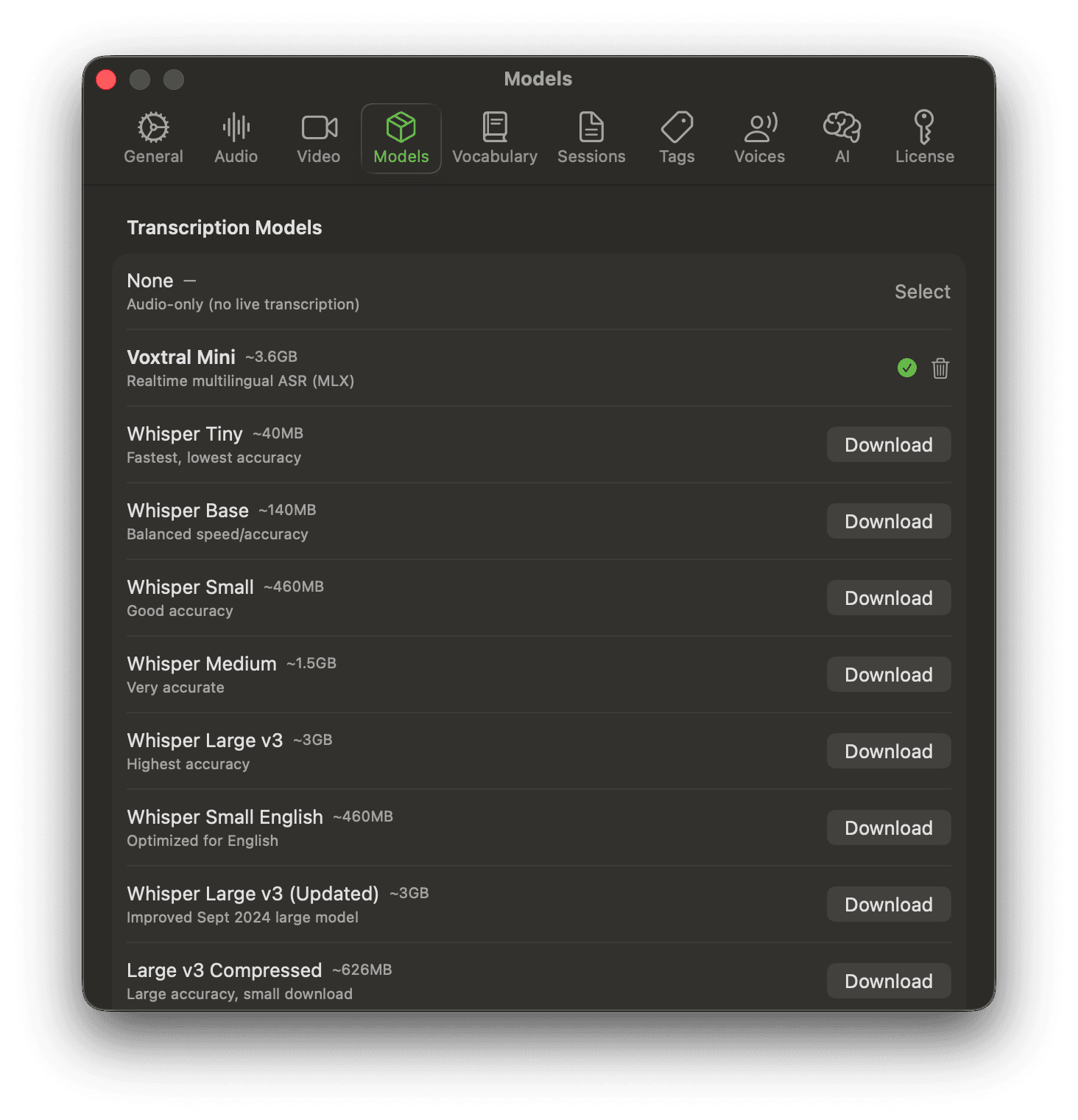 Noted Models settings listing Voxtral Mini and several downloadable Whisper transcription models with sizes and accuracy notes.