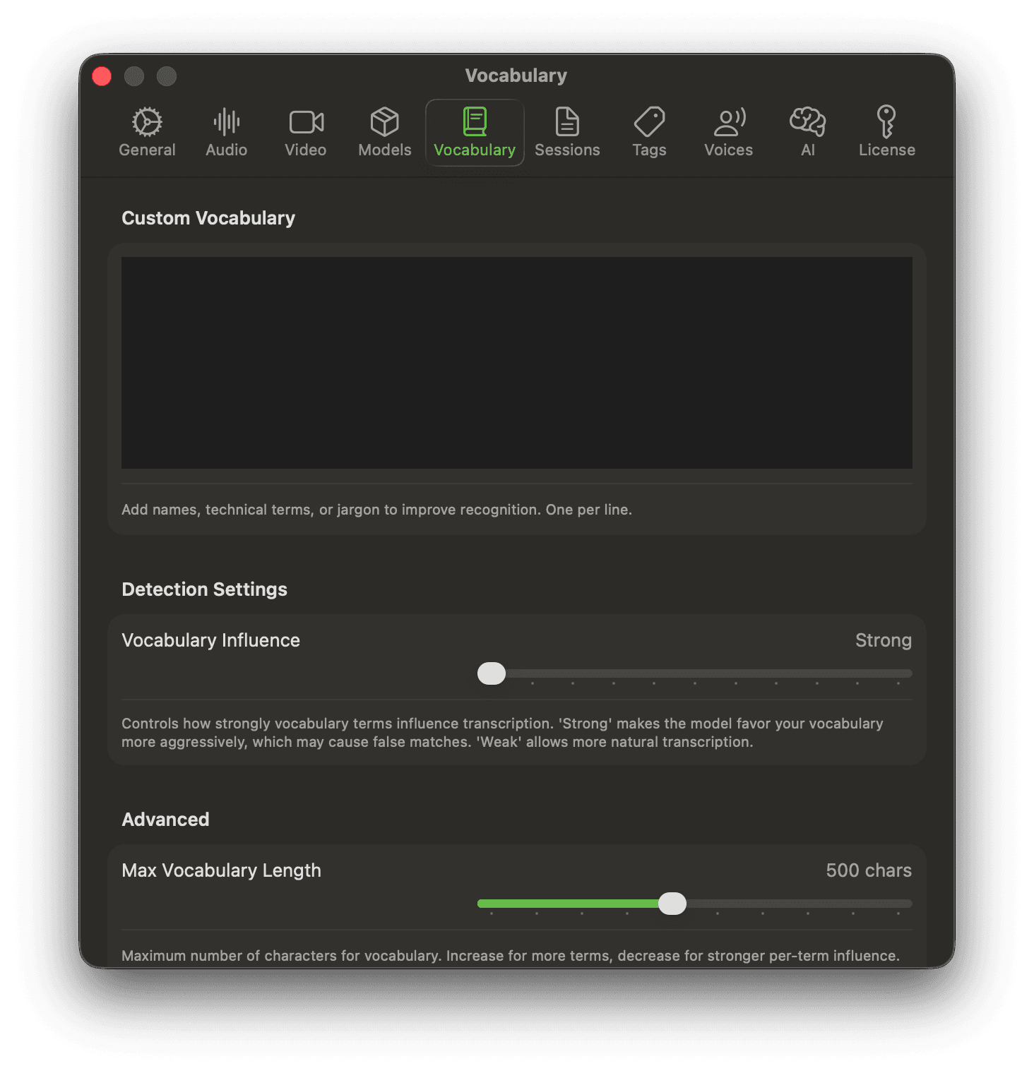 Noted Vocabulary settings showing a custom vocabulary editor and controls for vocabulary influence and maximum length.
