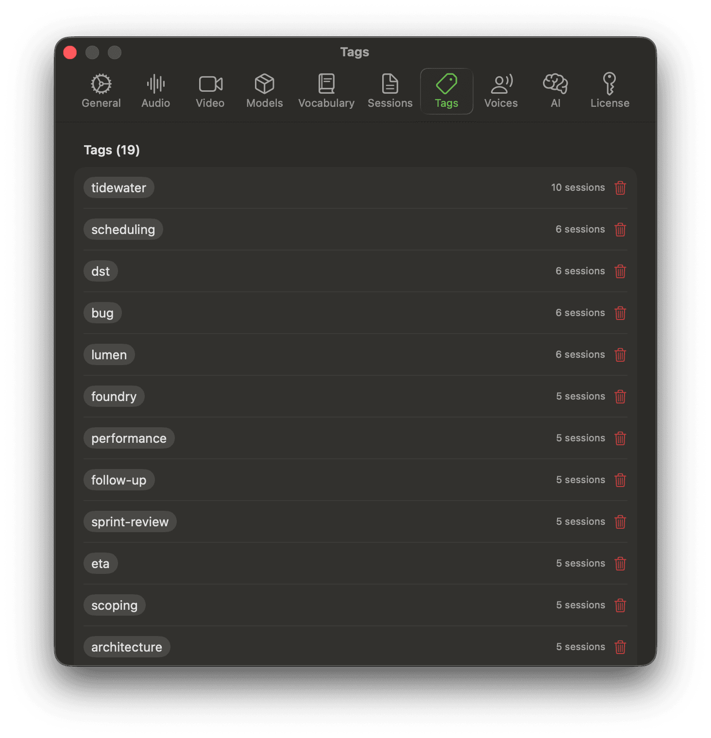 Noted Tags settings listing project and topic tags with session counts and delete controls.